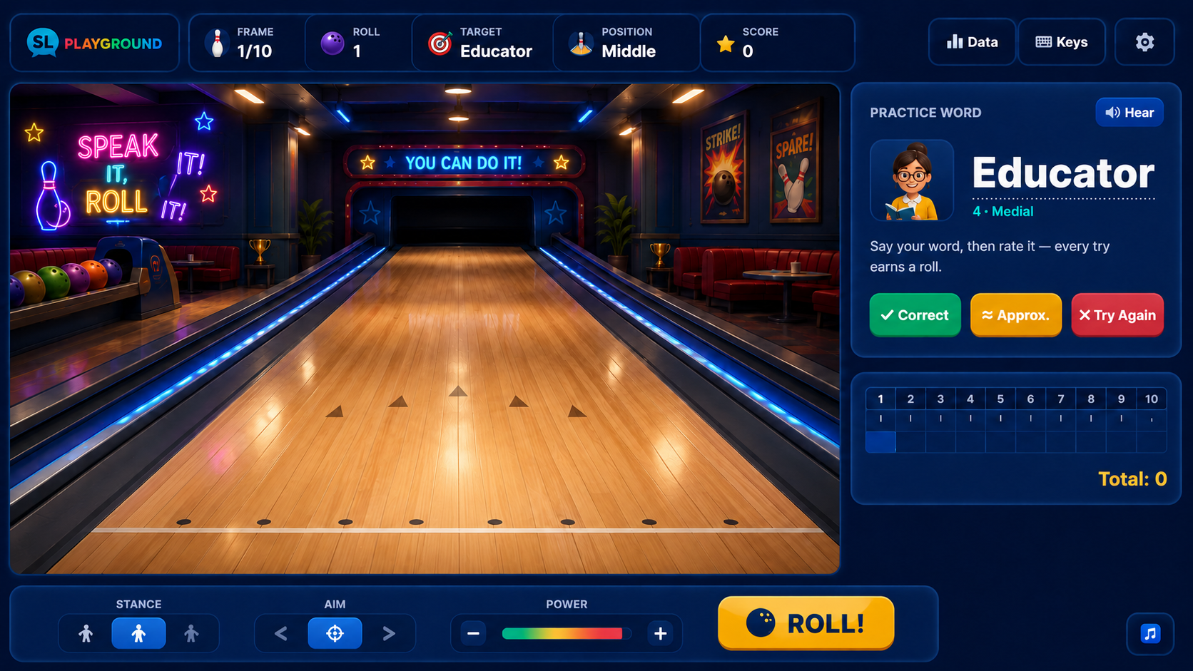 A richly decorated neon bowling alley with an empty polished lane, speech-practice controls, scorecard, and SL Playground interface.