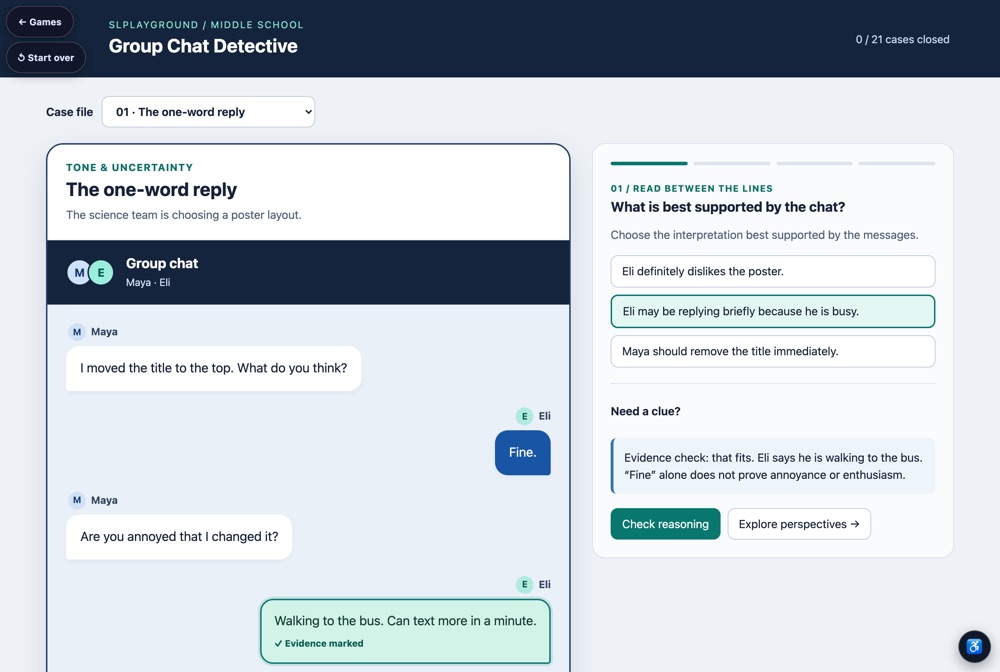 Group Chat Detective: a fictional group chat with clues to mark