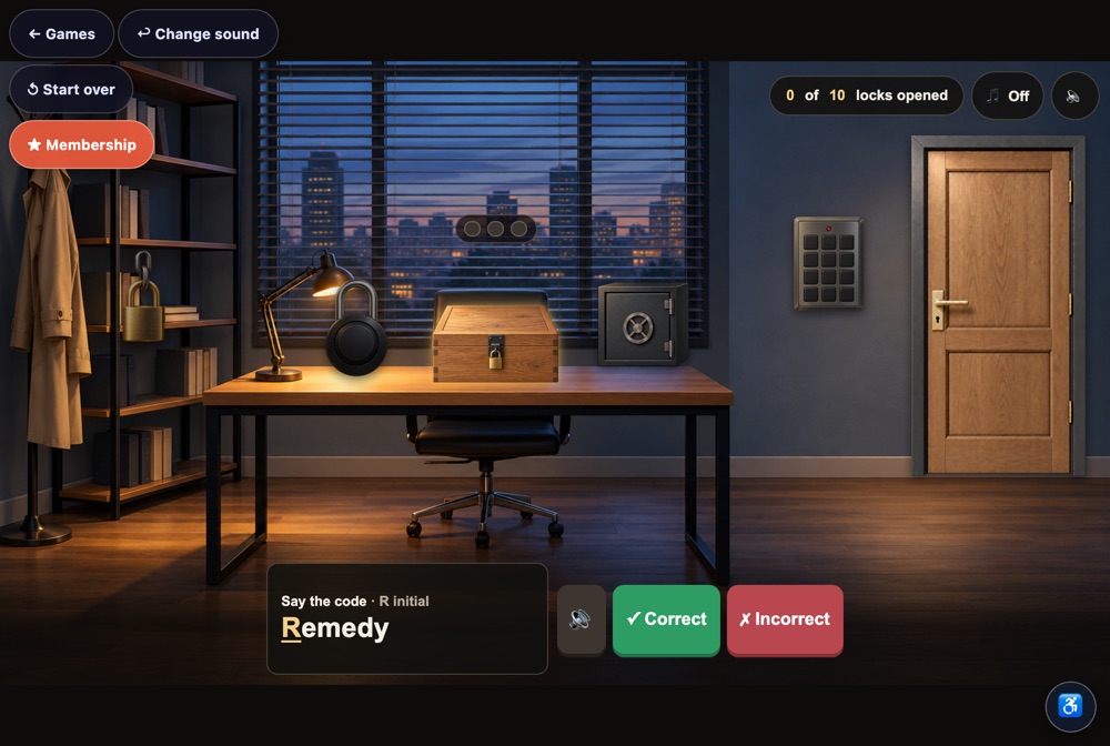 Locked In: a detective’s office with locks on the desk and the code word “Remedy” to say
