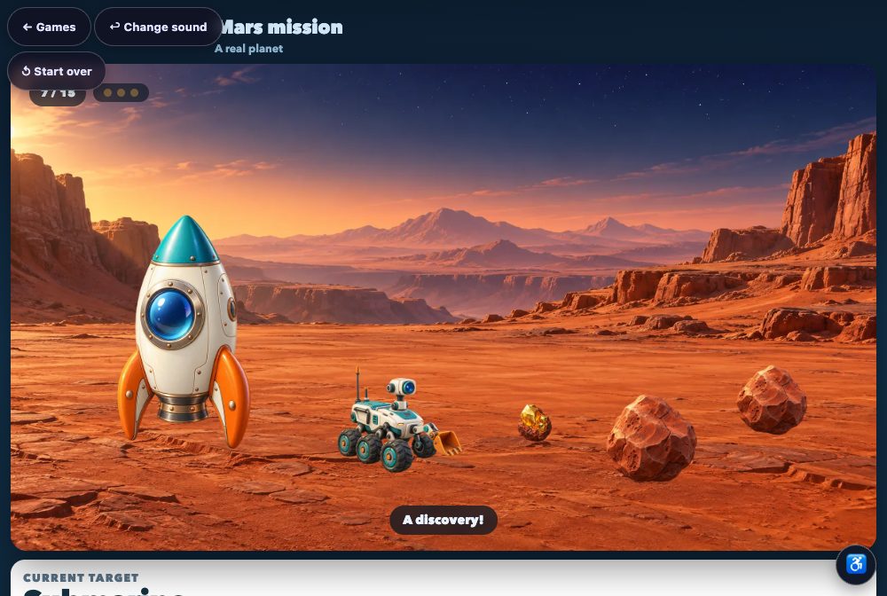 Rocket Planet Explorer: a white and orange rocket landed on Mars, with a rover beside a golden discovery it has just dug out of the red rocks.
